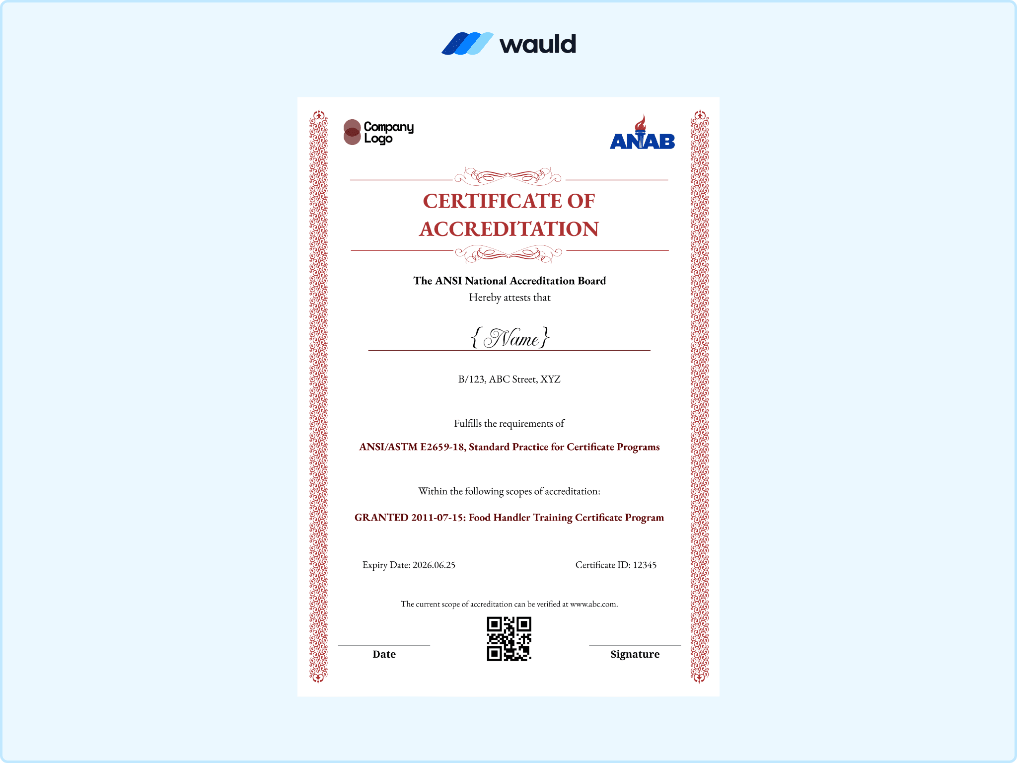  Red lace-style bordered certificate of accreditation template with recipient name field, accrediting board details, standard practice reference, granted accreditation scope, certificate ID, expiry date, and QR code