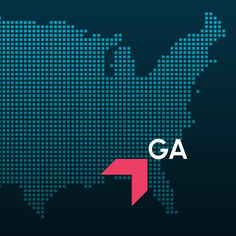 Map highlighting Georgia with a red arrow, representing GIA Group, LLC truck insurance coverage area.