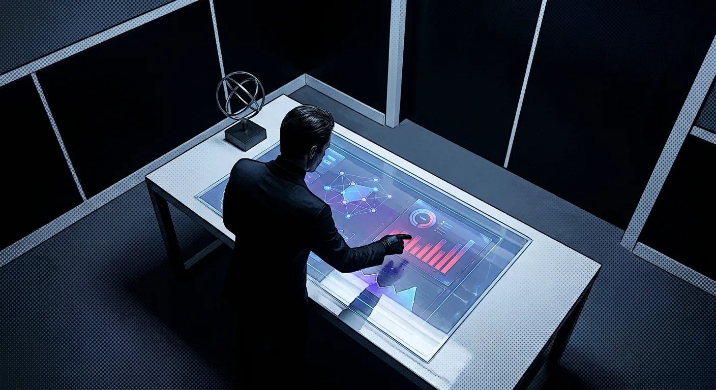 Man using a futuristic digital marketing interface at RockN' Socials agency.