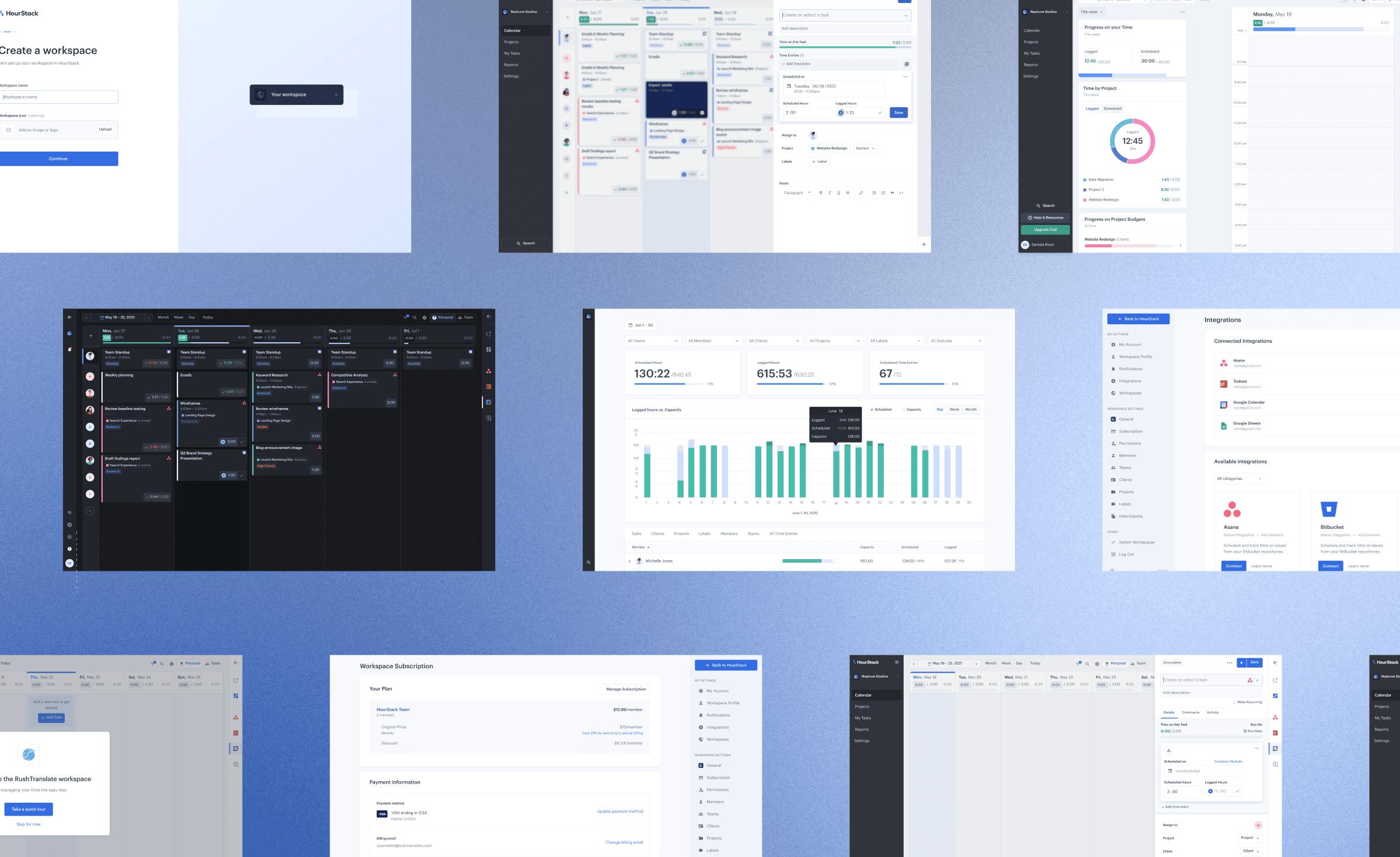 The web app includes native or integrated task management, scheduling and time tracking, reporting and data exports