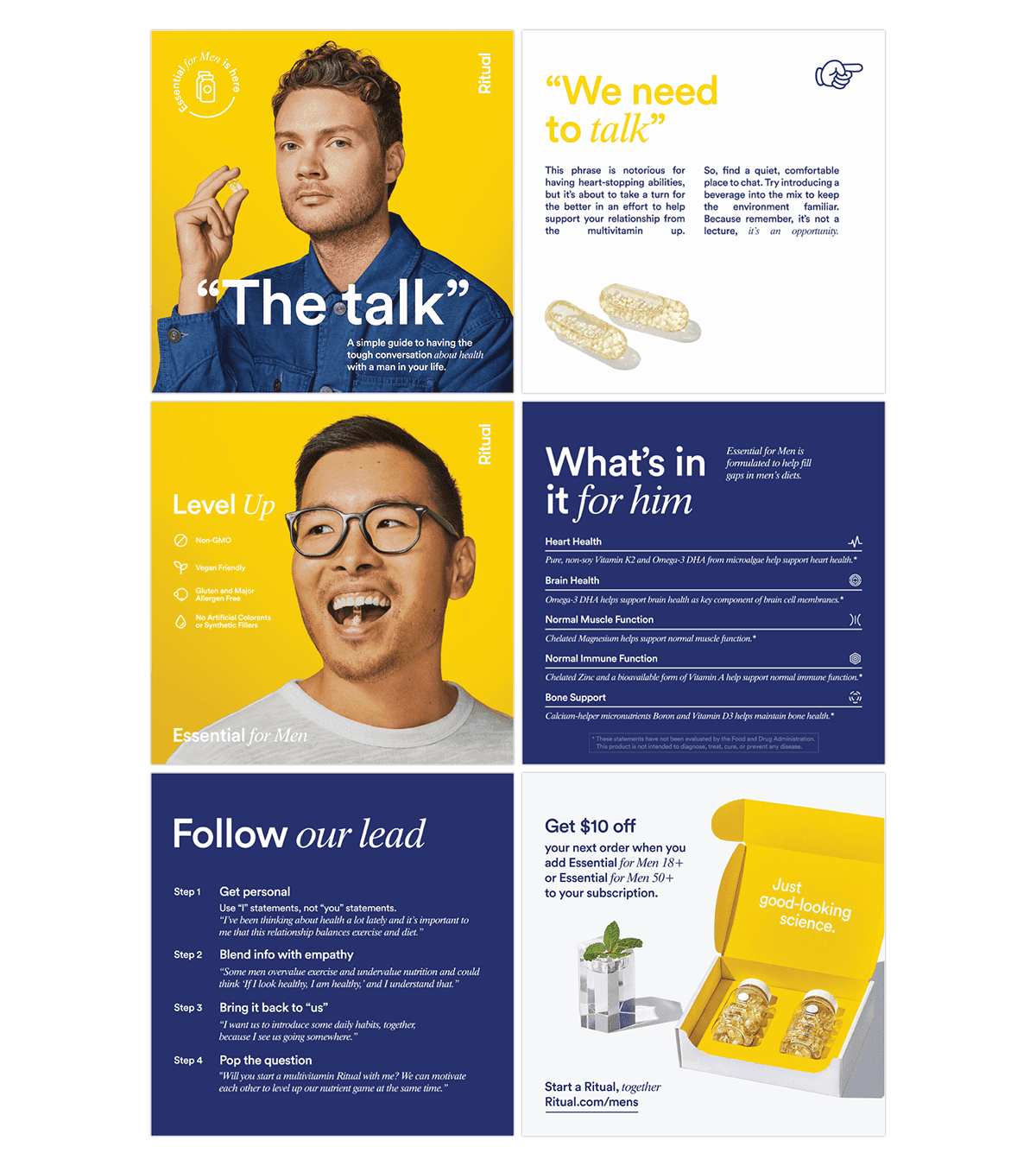 A flatlay showing 6 panels of a mailer designed to provide a guide for people to share the news of Rituals' Essential for Men line with their partners and loved ones.
