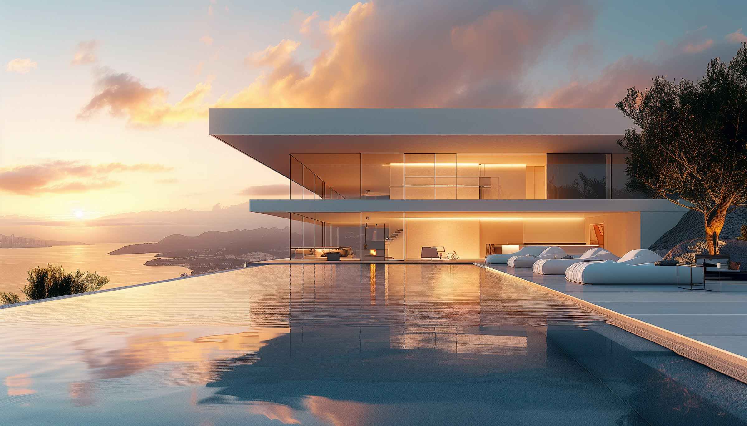 Coastal house with an infinity pool at sunset