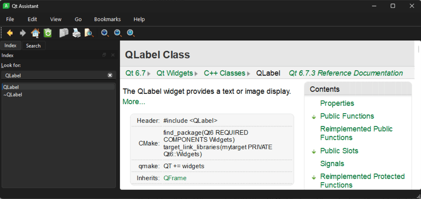 Qt Assistant showing the QLabel Class reference documentation page, the same content the Documentation MCP Server exposes to Claude Code