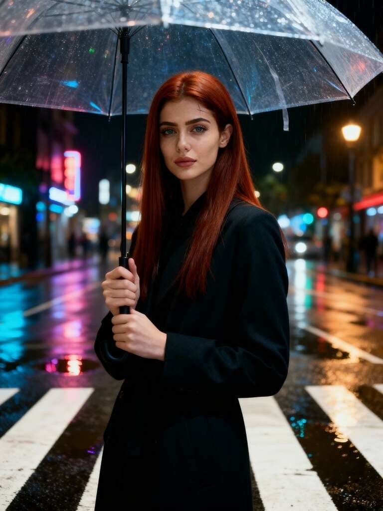 Woman with umbrella at night using InVideo AI features for reflective streets.