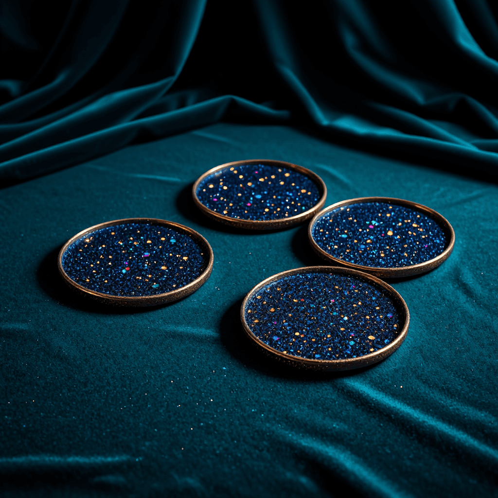 product photography of decorative glitter coasters