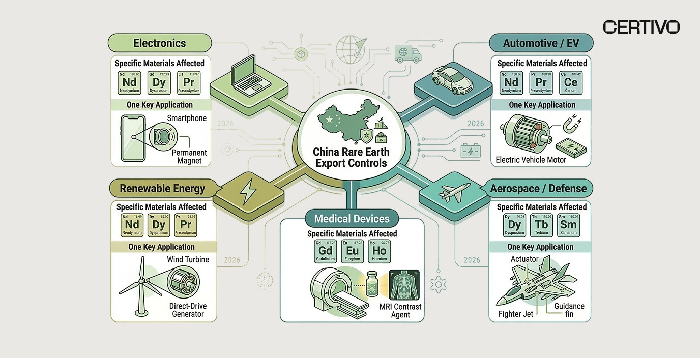 China rare earth export controls 2026 industry impact on electronics automotive aerospace medical devices renewable energy manufacturers