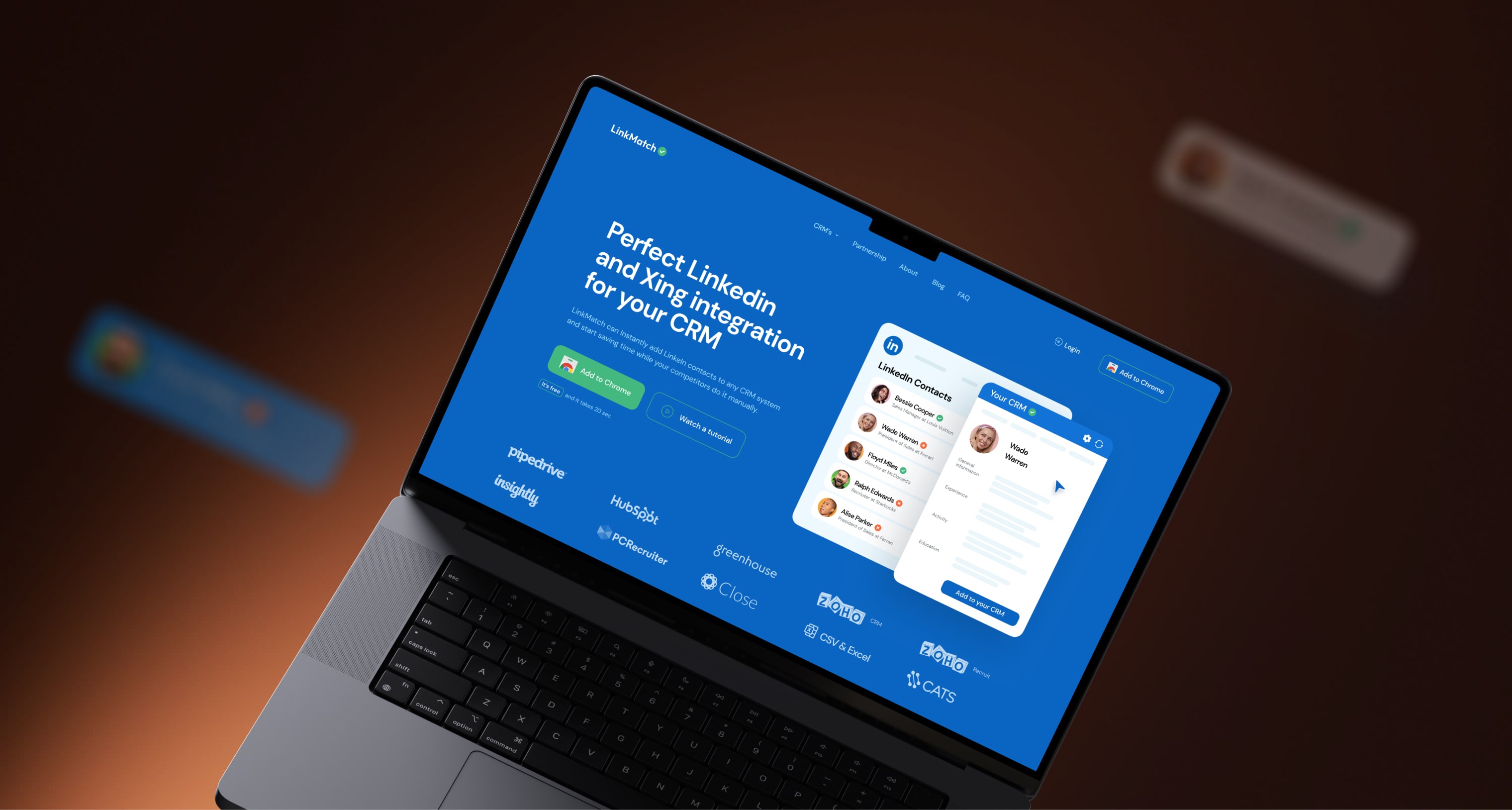 Laptop displaying LinkMatch CRM integration interface with floating contact cards on a dark gradient background.