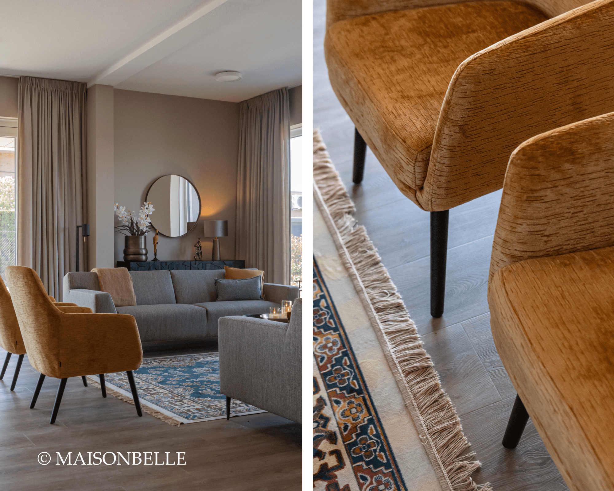 woonkamer ronde spiegel en gele stoelen 