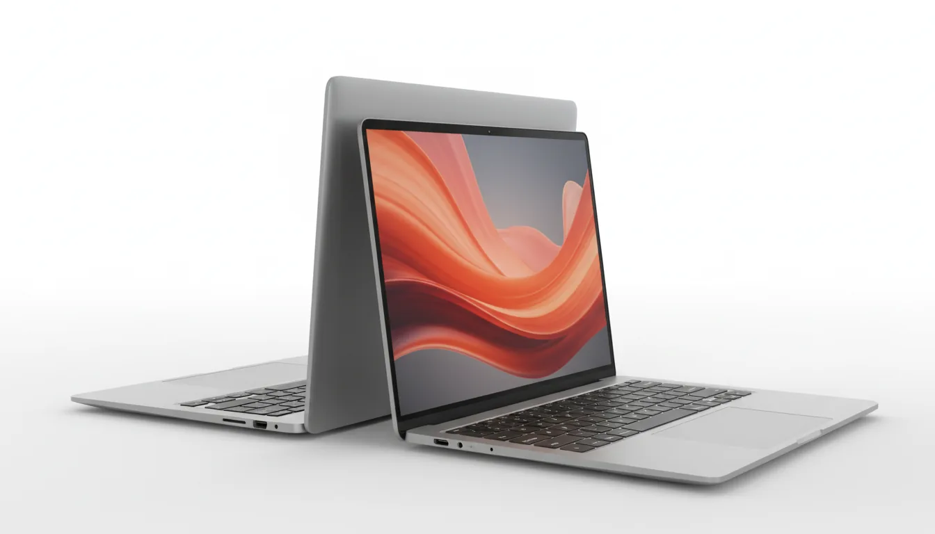 DSLR product shot of two modern, premium aluminum laptops, one silver and one space gray, arranged back-to-back in a dynamic composition. The foreground laptop is open, angled to show its side profile and a vibrant abstract screen with flowing orange and red gradients. The second laptop is closed, resting behind the first, showing its silver lid. The scene is set against a clean, seamless white studio background, captured with soft studio lighting that accentuates the brushed metal texture. Low-angle shot, hyper-detailed, sharp focus on all hardware.