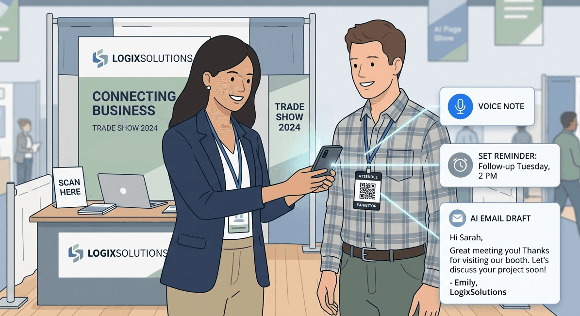 Sales professional scanning a QR badge at a trade show with AI follow-up draft and reminders