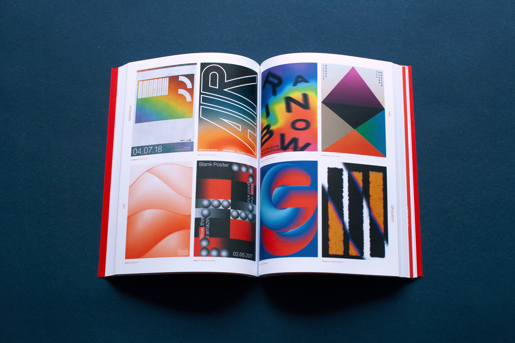 A spread in the book showing a series of poster designs utilising gradients.