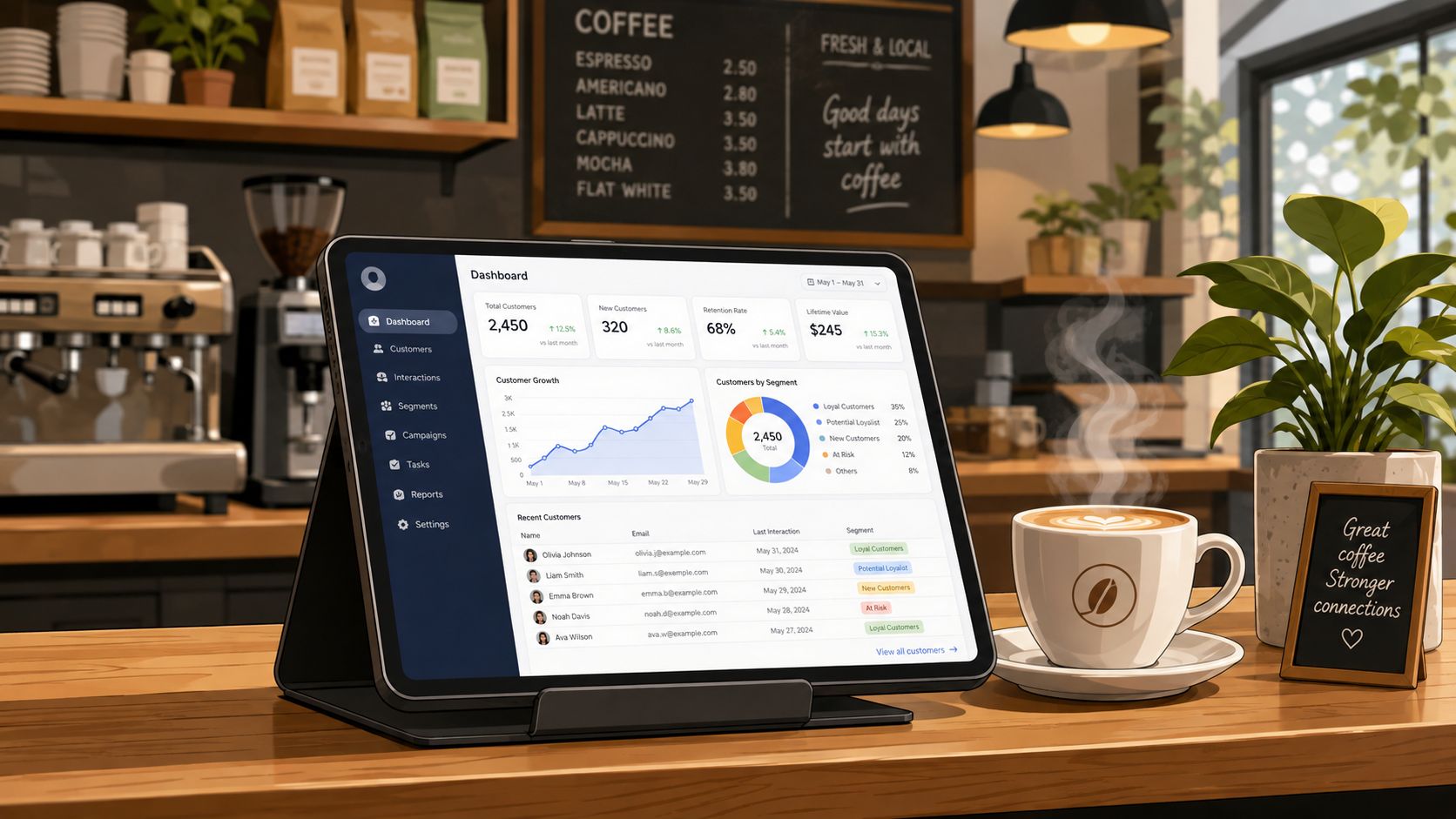 Ilustración de una tablet con una aplicación de gestión de clientes y una taza de café en un mostrador de cafetería.