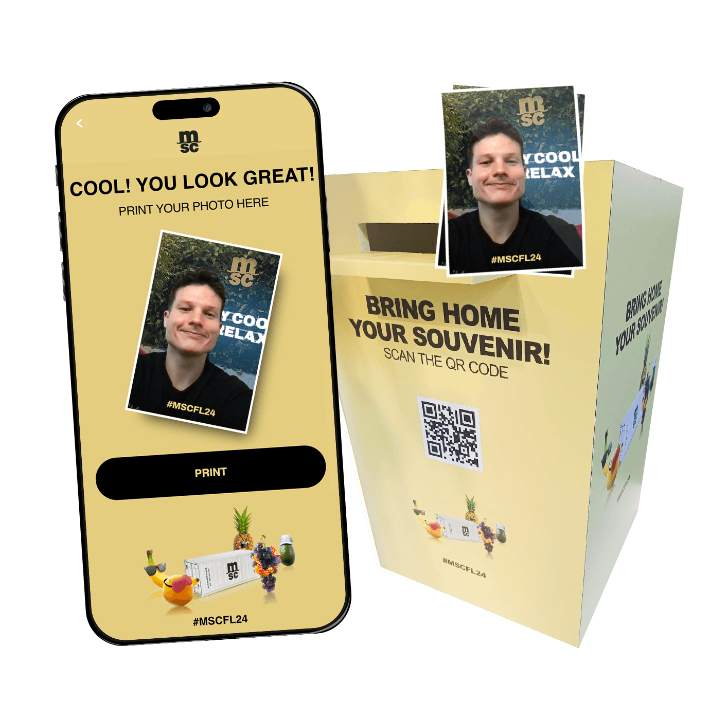 Smartphone und Druckstation zeigen die SnapCube GO Foto-Web-App für personalisierte Sofortdrucke bei Events und Markenaktionen