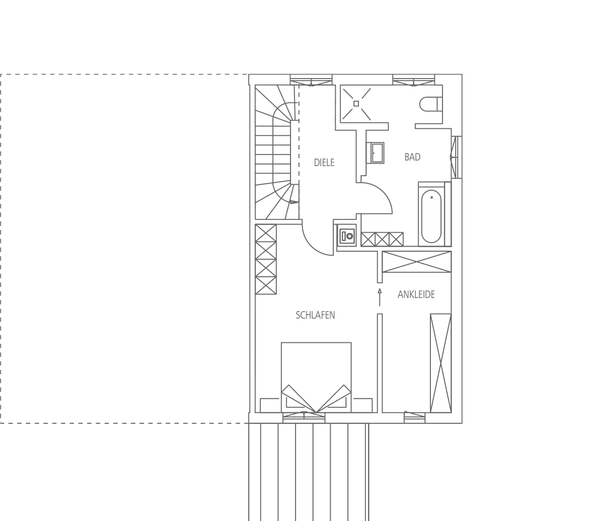 Grundriss einer Wohnebene mit Diele, Bad, Schlafzimmer und Ankleide. Eine Wendeltreppe führt zu einem oberen Bereich.