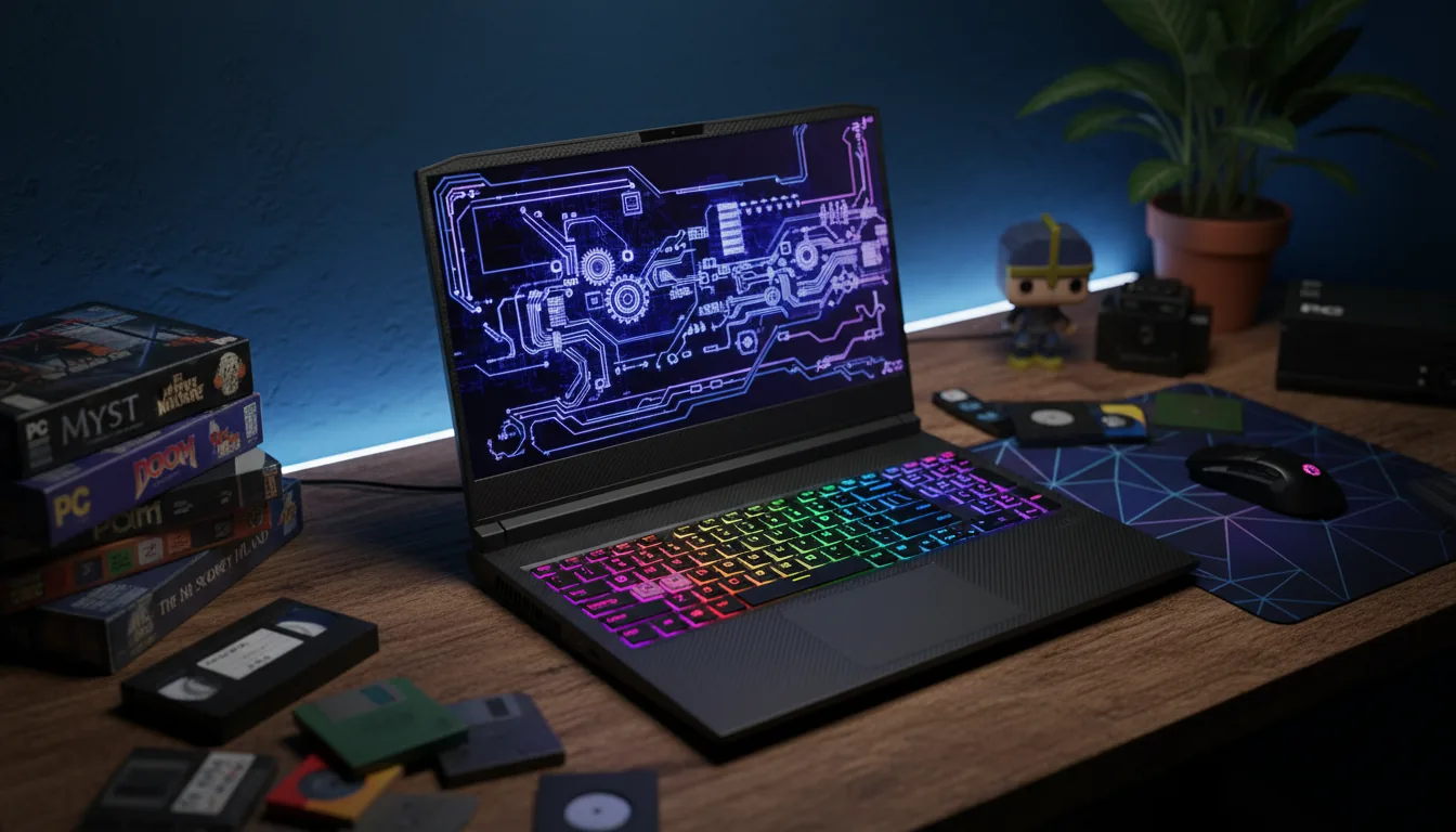 DSLR photograph of a high-performance black gaming laptop on a wooden desk, high-angle shot. The screen displays a complex, glowing purple and blue abstract mechanical schematic, and the keyboard has vibrant RGB backlighting. The scene has cinematic contrast with a strong blue LED backlight against a blue wall. The desk is cluttered with nostalgic tech: vintage PC game boxes, a small vinyl figurine, retro VHS tapes, floppy disks, and a large geometric-patterned mousepad. In the background, a potted plant sits in a terracotta pot. Sharp focus on the laptop with a shallow depth of field.