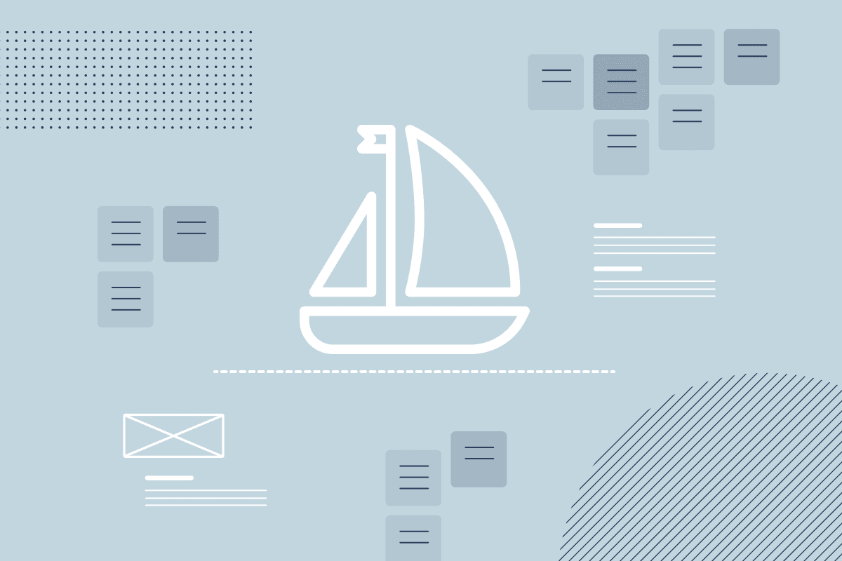 An illustration of a sailboat surrounded by written notes and sketched wireframes