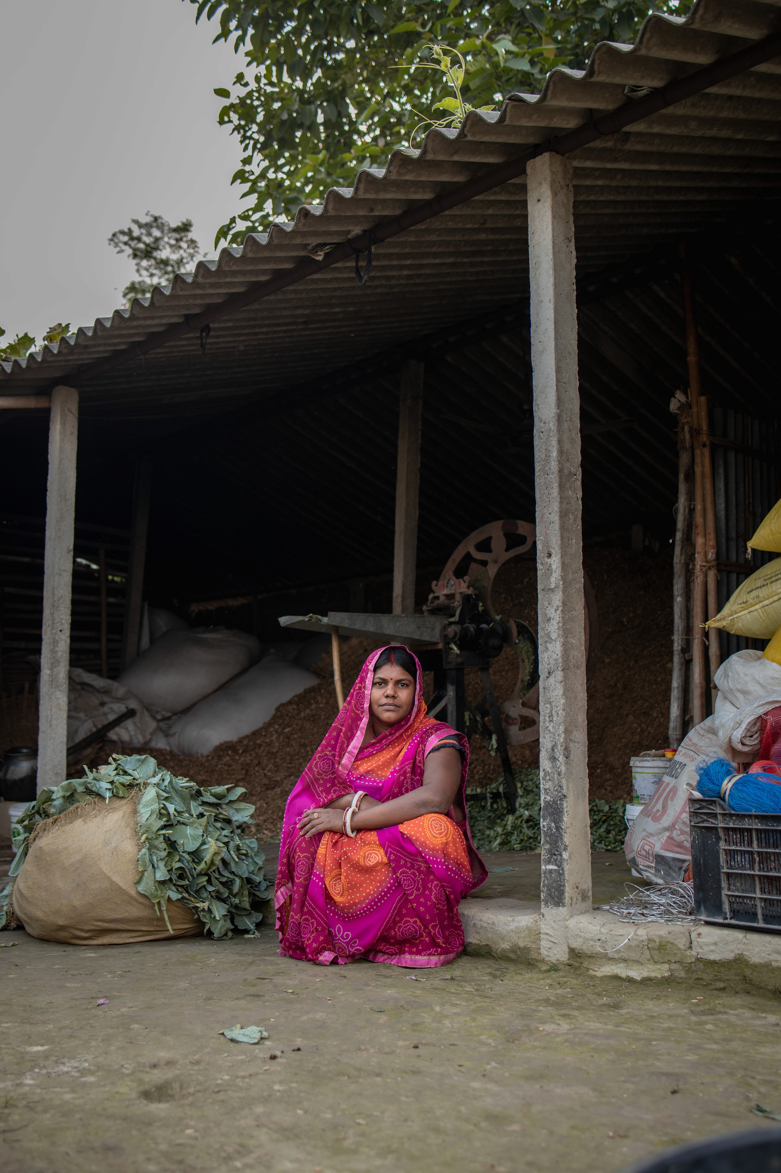 A woman sitting in a godown of the village where Sunmeister has installed solar power cold room