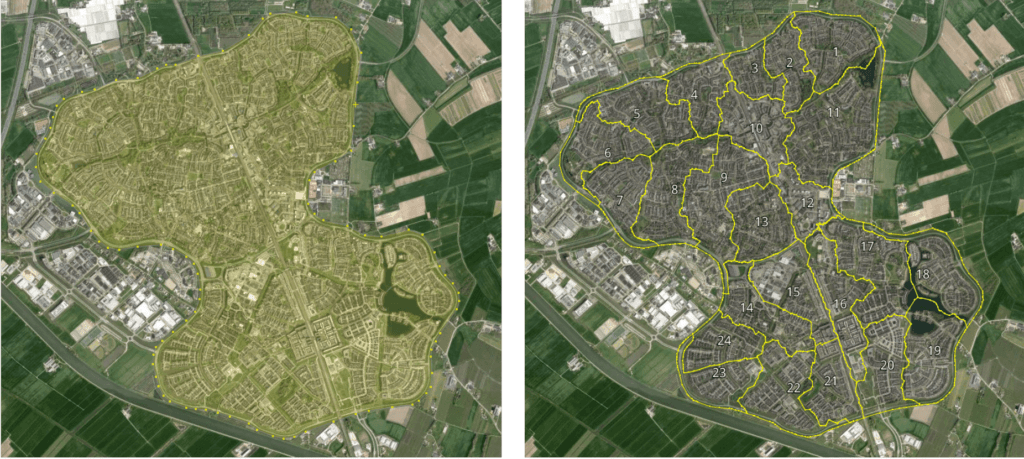 An automated districting solution generated by Posten Bring, applied to a “fractal-like” region outside Utrecht, Netherlands