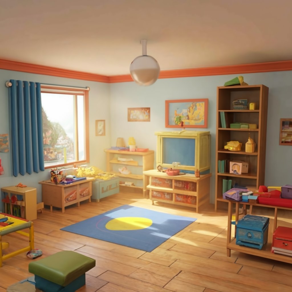 The interior of a daycare illuminated by rays from the sun from a window with a blue curtain on the left side of the room with a blue rug, multiple shelves with colorful toys and containers, an old analog TV, a tall shell, and then a light green Ottoman on a wood floor.