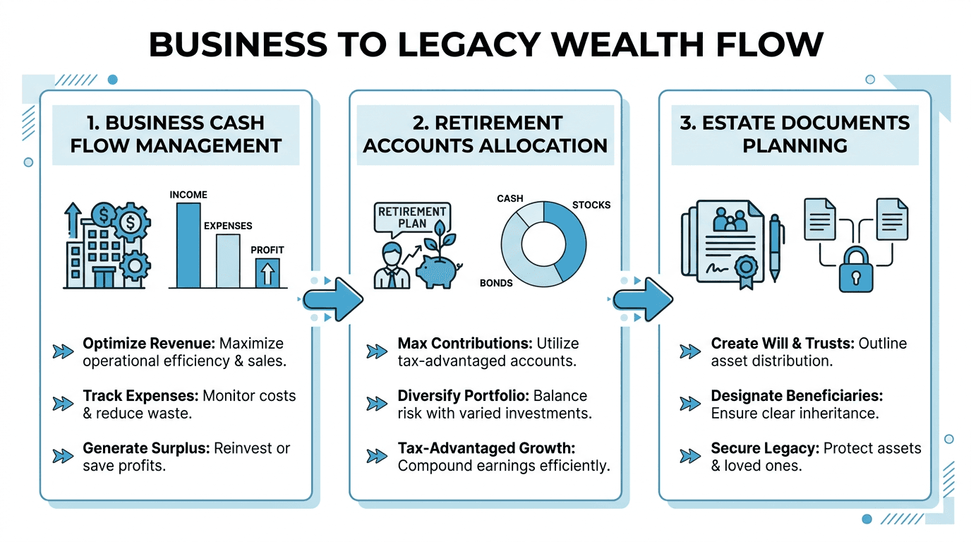 Infographic showing a left-to-right flow from business cash flow to retirement accounts to estate documents, with three labeled panels, simple icons, and small charts using a blue and light-blue color palette for emphasis.