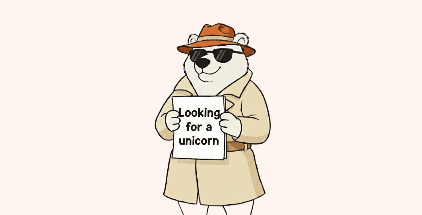 Illustration of a bear holding a paper with the text "Looking for a unicorn"