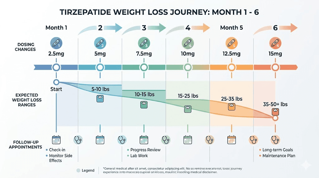 BelloBella tirzepatide treatment timeline showing monthly milestones and expected weight loss progress