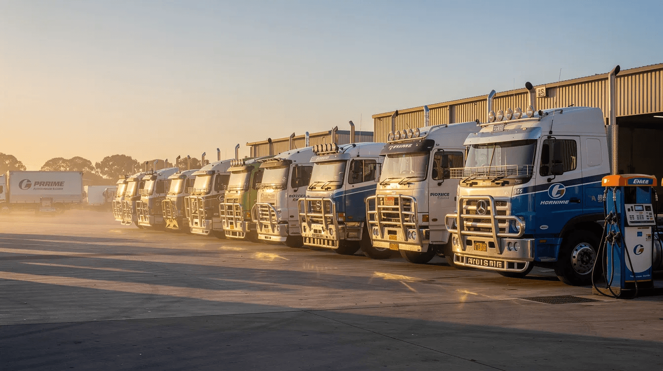 The image depicts a row of prime mover trucks parked at an Australian truck depot, illuminated by the soft morning light. This scene highlights the importance of truck finance options for transport businesses, showcasing the vehicles that drive business cash flow and operational efficiency.