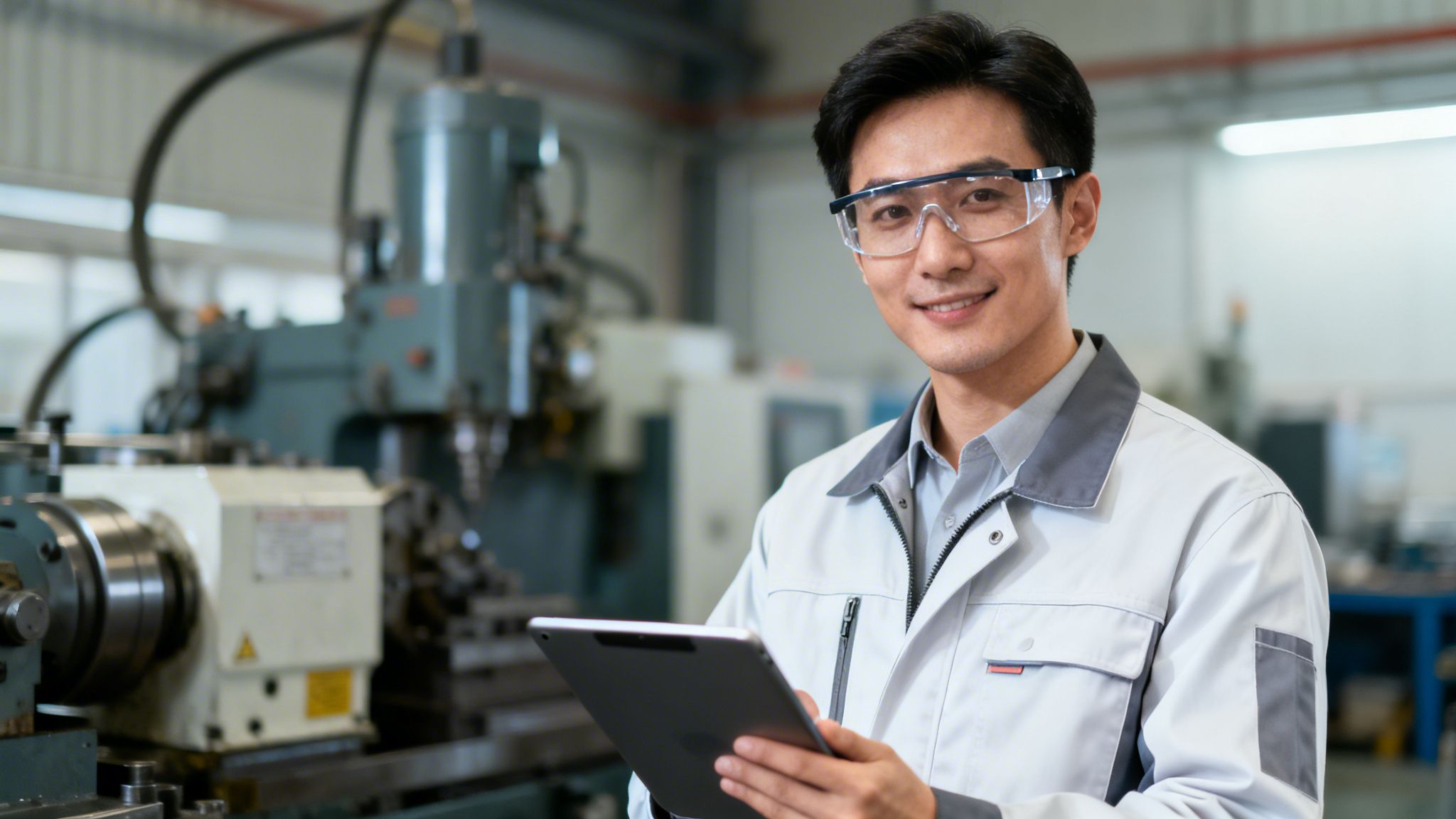 Lächelnder asiatischer Ingenieur in Schutzbrille mit Tablet in einer modernen Fabrik.