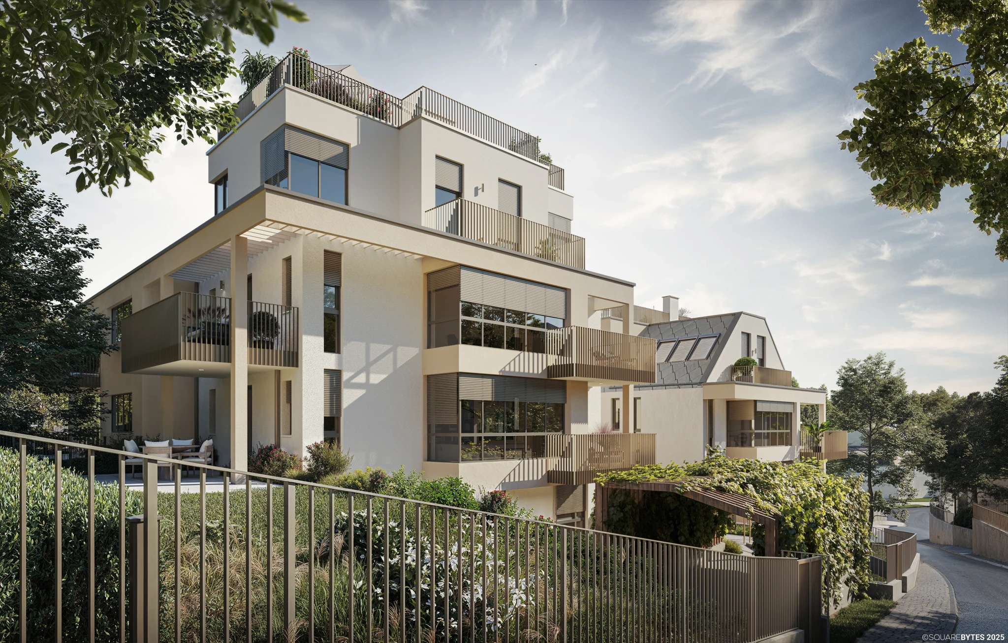 Architekturdetail mit hellen Putzflächen und Metallgeländern – klare Linien und feine Details der Parkvillen Harmonie 17.