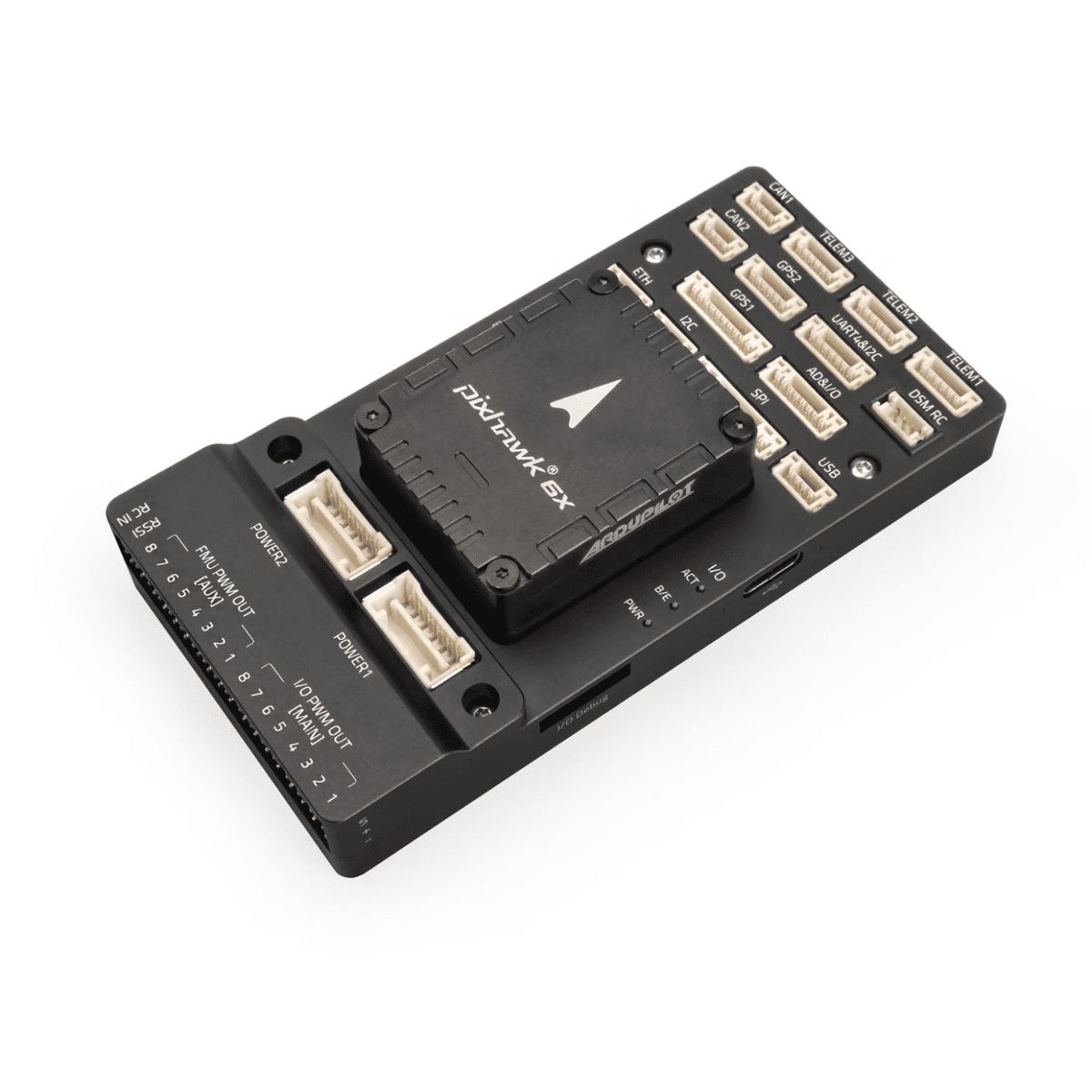 A Pixhawk flight controller and power management board with multiple connectors and fuses for hardware-in-the-loop testing.