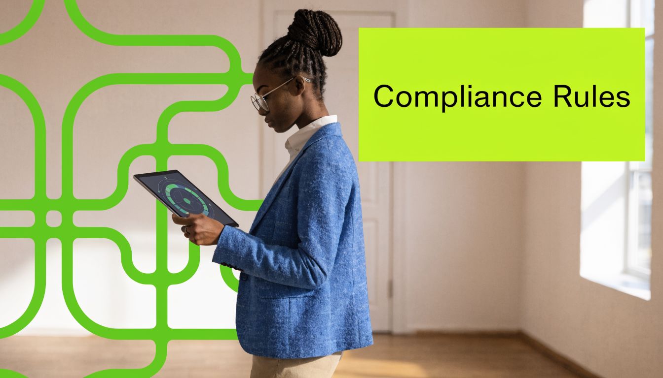 A professional woman in a blue blazer looking at a digital tablet with compliance data displayed.