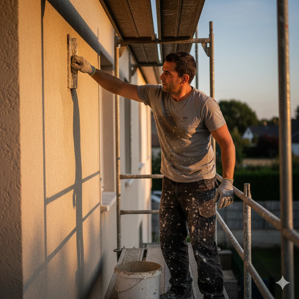 Façadier appliquant un enduit de finition sur une façade depuis un échafaudage