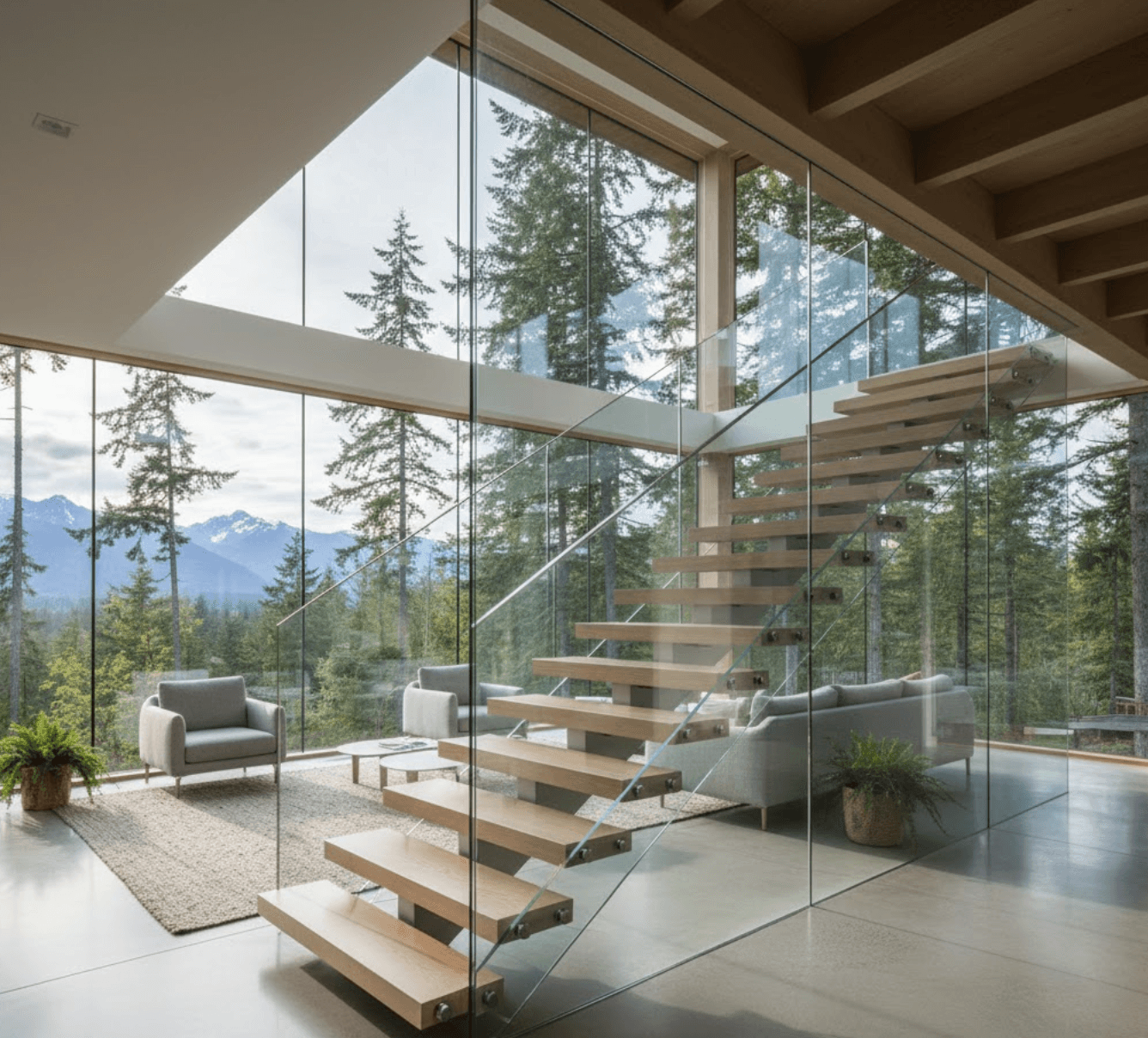  Modern residential interior with dramatic floating glass staircase as focal point.
