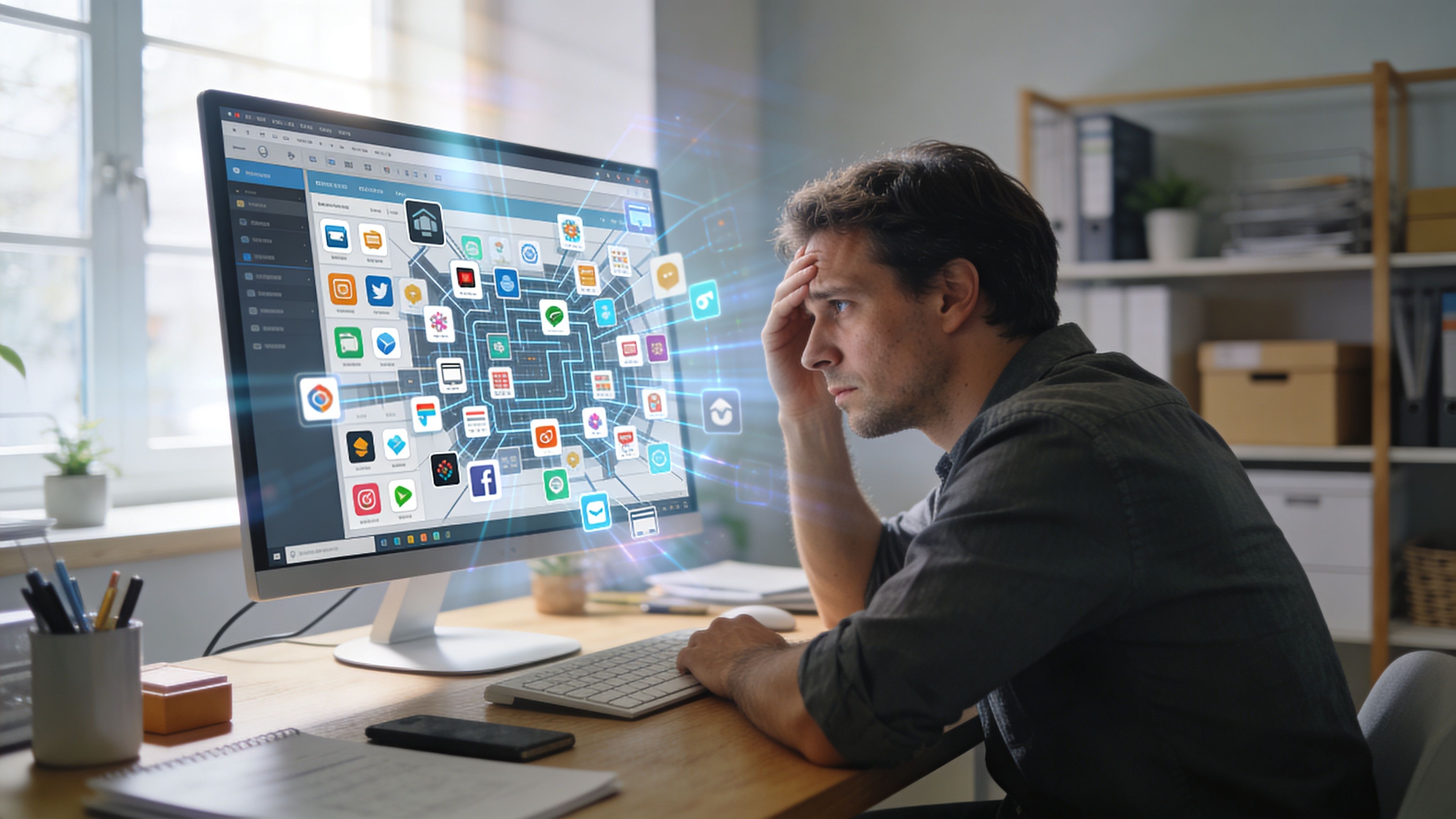 A stressed man sitting at a desk looking at a computer screen displaying complex software application icons.