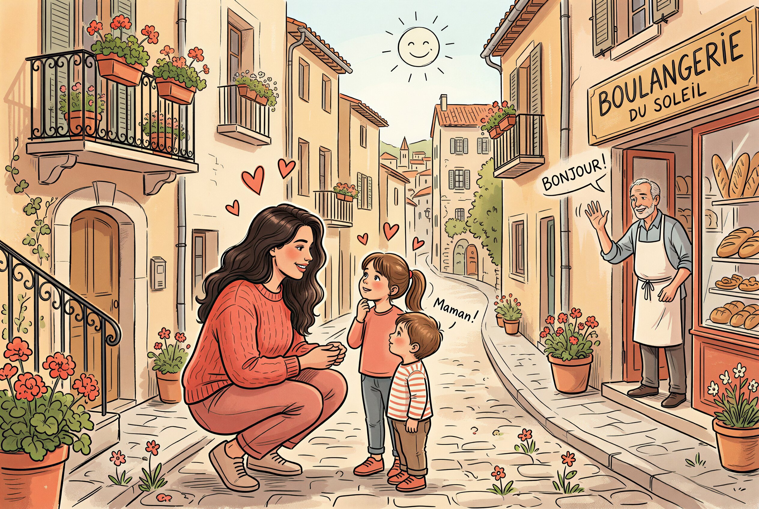 A mother crouching down to talk to her two young children on a sunny cobblestone French village street, with a friendly baker waving Bonjour from a boulangerie doorway, illustrated in a warm editorial style with red and coral tones.