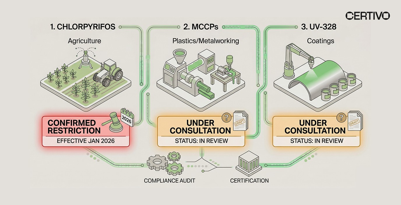 New Zealand POPs restrictions chemicals chlorpyrifos MCCPs UV-328 restriction dates industry applications and phase-out timeline