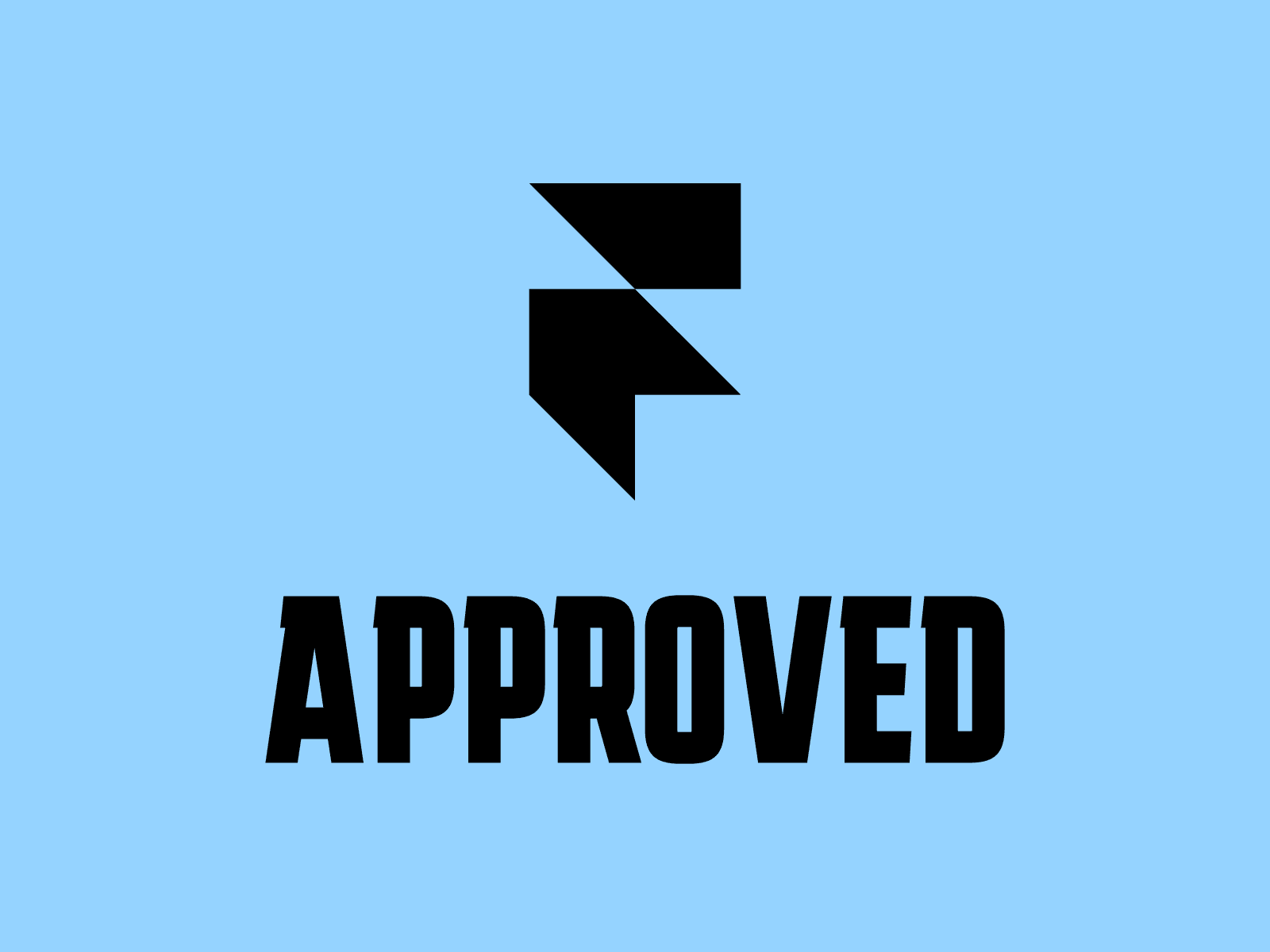 Framer approval announcement graphic with black Framer logo and bold approved text on a light blue background