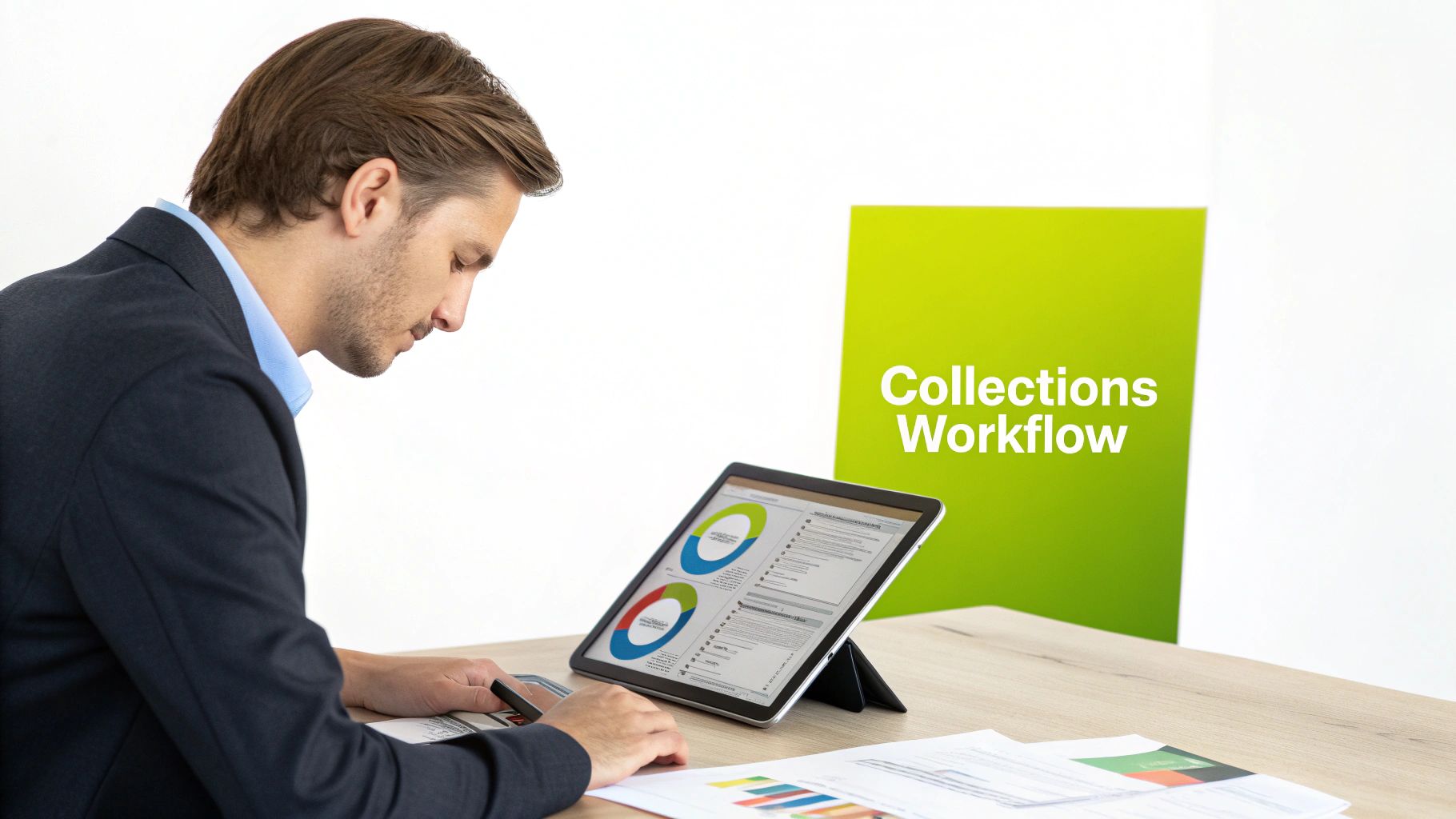 A man in a suit reviews financial data on a tablet, with a 