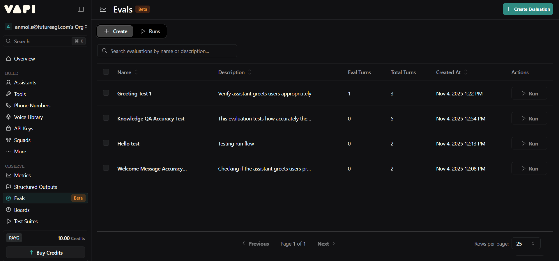 Vapi evals dashboard showing voice AI evaluation tests with transcript-level scoring for agent performance testing and validation