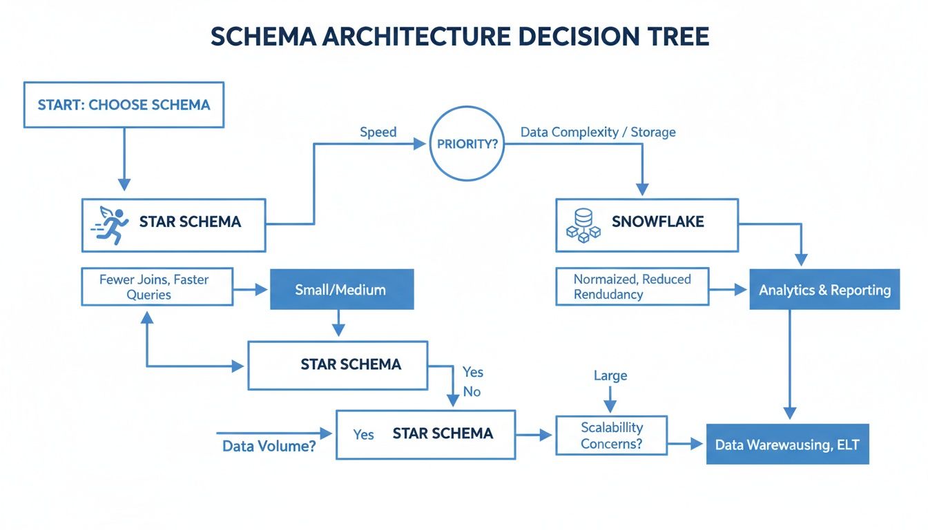 A flowchart decision tree for schema architecture, choosing between Star and Snowflake schemas based on priorities.