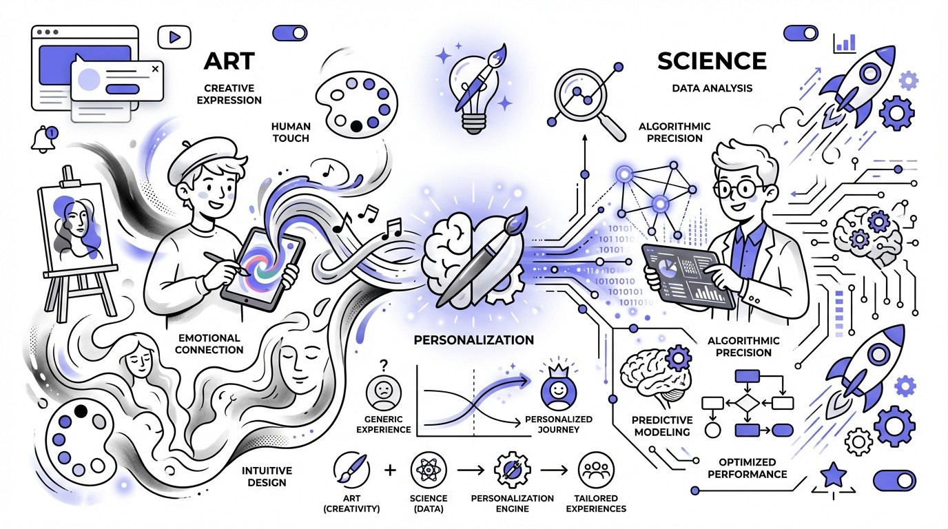 A visual representation of the 'Art and Science of Personalization,' showing a seamless blend of vibrant, organic artistic elements on one side and precise, glowing tech-focused data structures on the other, merging in the center.