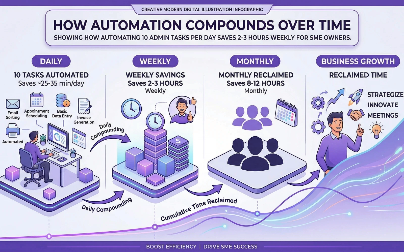 Infographic showing how automating 10 admin tasks per day saves 2-3 hours weekly for SME owners
