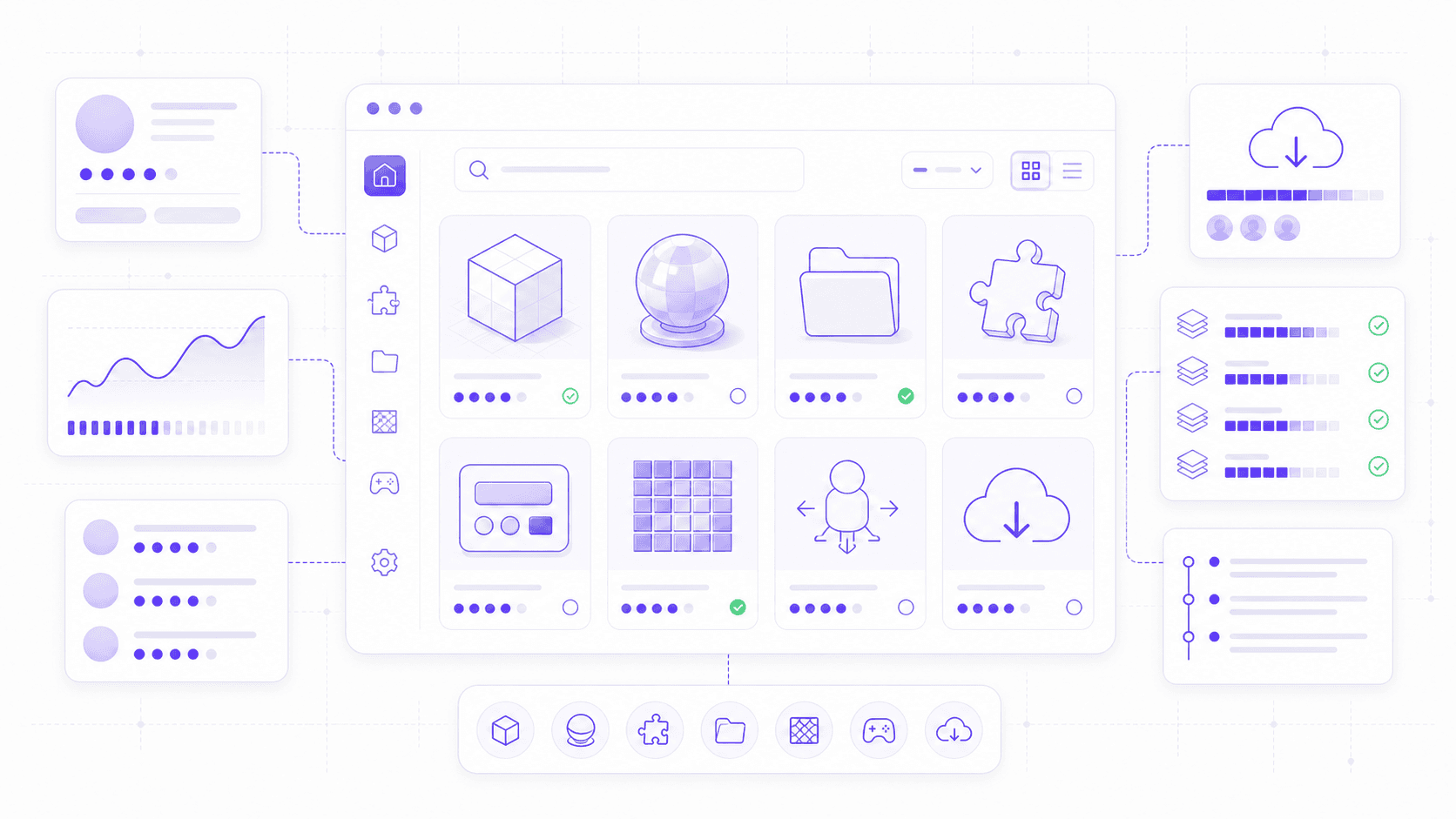 Godot 4.7 Asset Store illustration with asset cards, plugin icons, downloads, ratings, and versioned resources