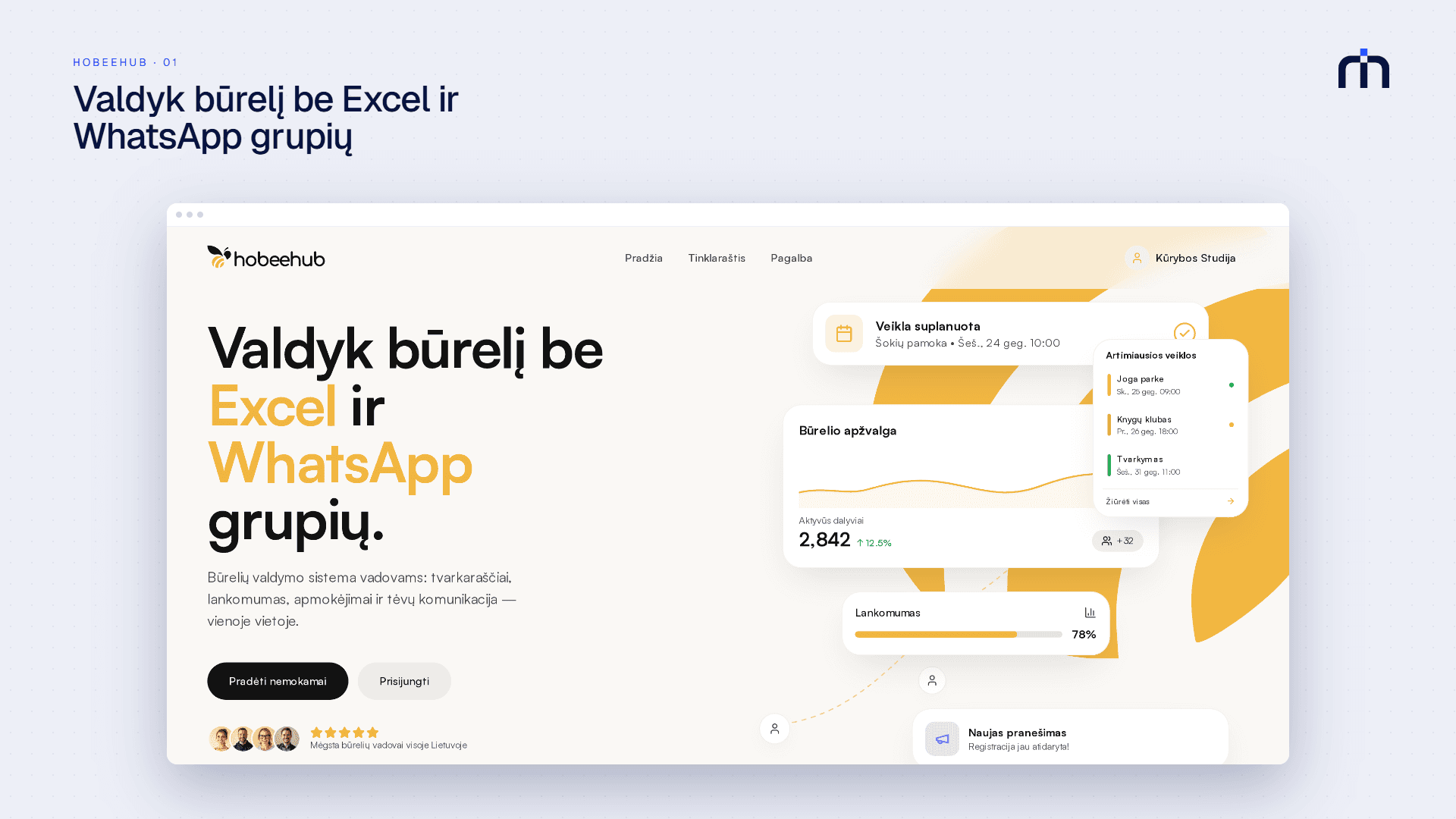 hobeehub pagrindinis puslapis: būrelių valdymas be Excel ir WhatsApp grupių