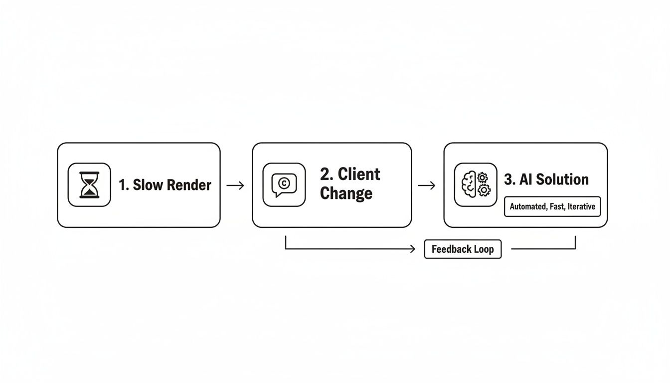 Flowchart illustrating a slow render, client changes, and an automated, fast, iterative AI solution with a feedback loop.