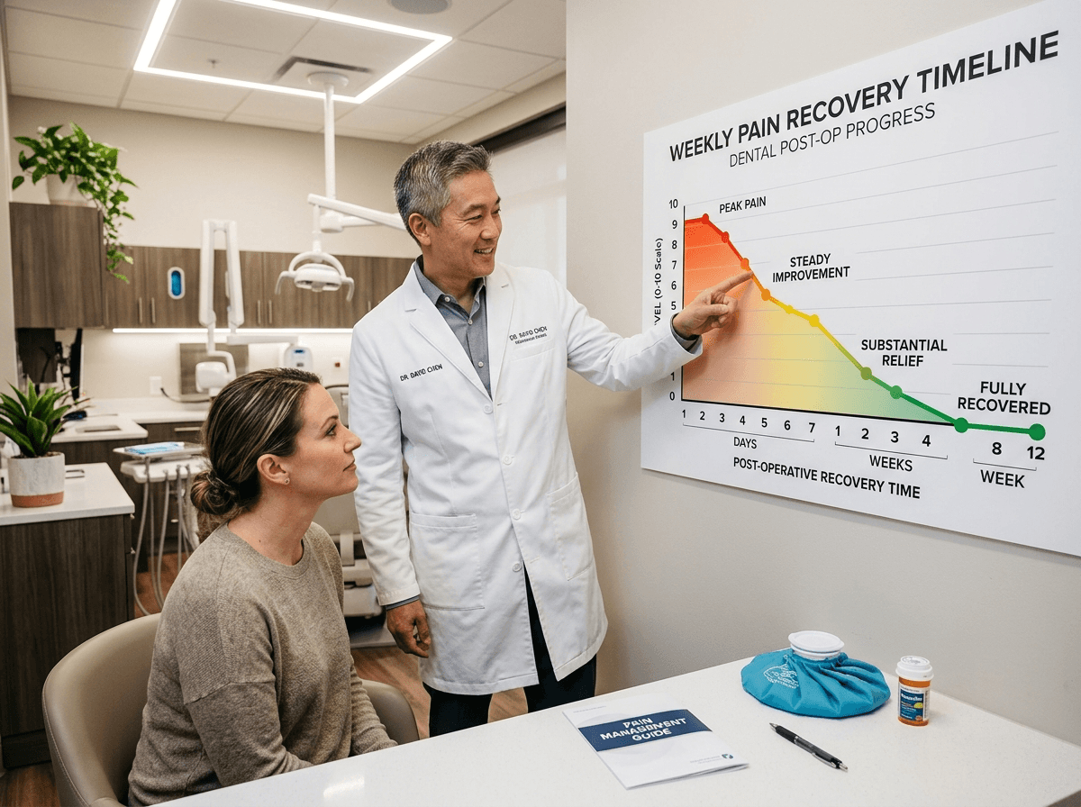 Post-operative dental implant pain timeline chart showing recovery progression from peak discomfort on days 2–3 to complete resolution by week 4