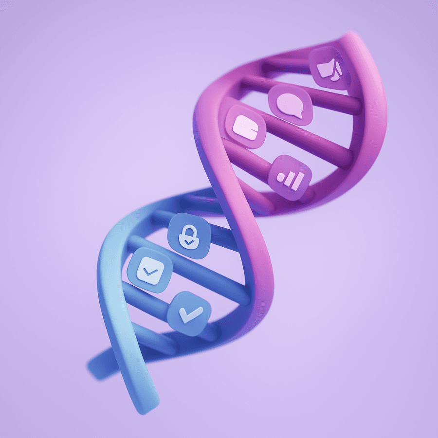 3D render of a futuristic DNA double helix angled in perspective, with one strand in soft blue and the other in magenta, set against a light lavender background. Each strand segment features small glowing icons—checkmarks, locks, documents, and speech bubbles—symbolising compliance, communication, and trust in a clean, high-tech aesthetic.