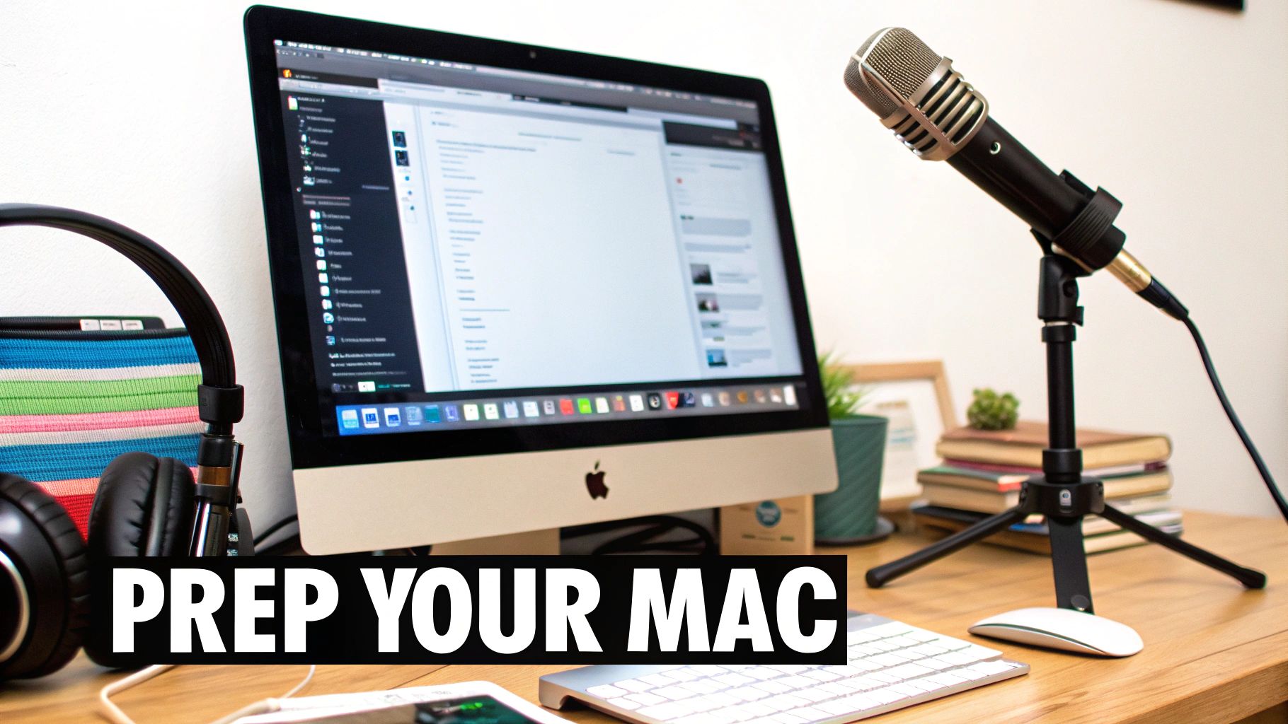 A clean desk setup featuring an Apple iMac, a professional microphone, and headphones for content creation.