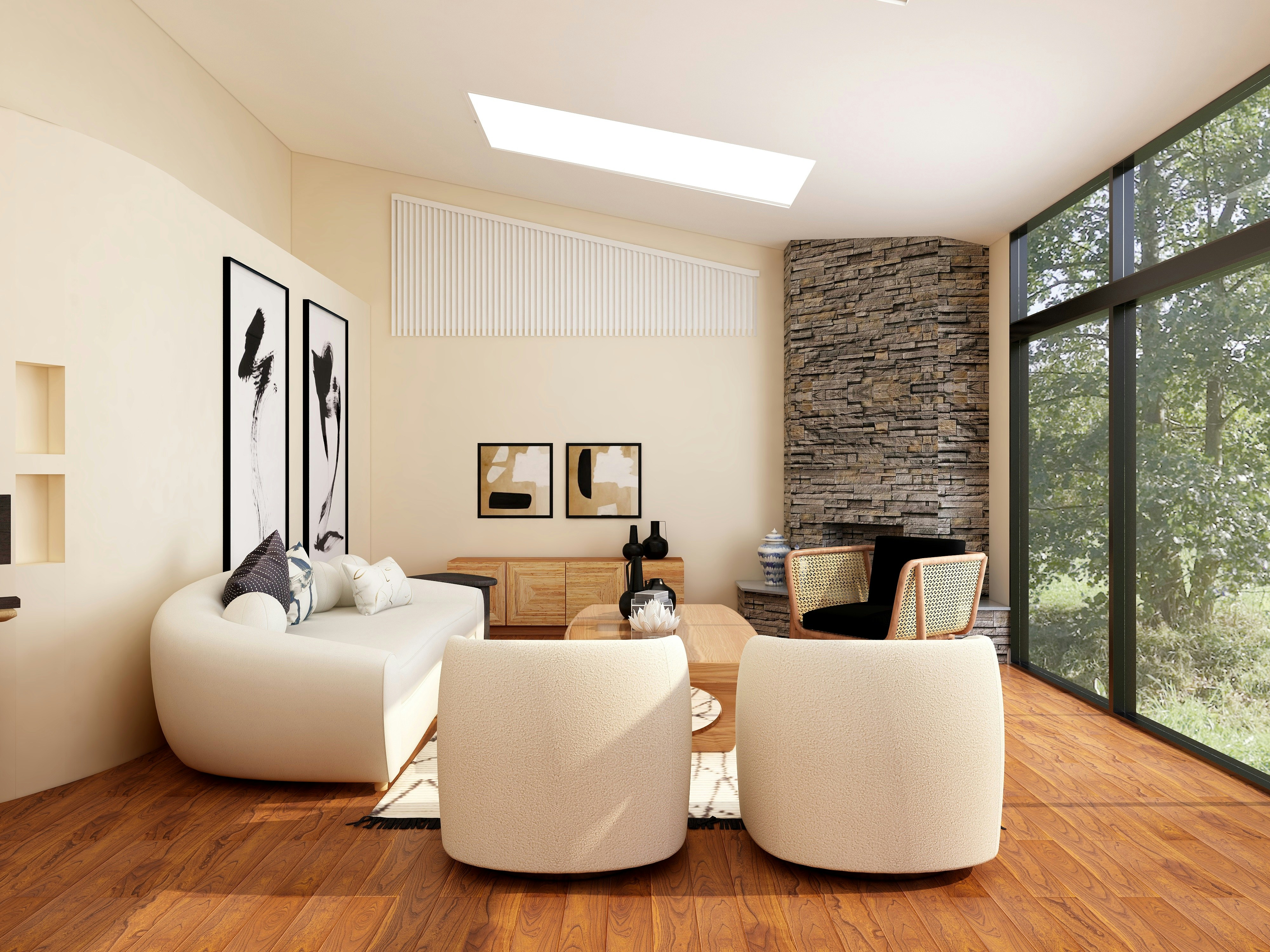 Contemporary living room with curved boucle sofa, stacked stone fireplace, and skylight