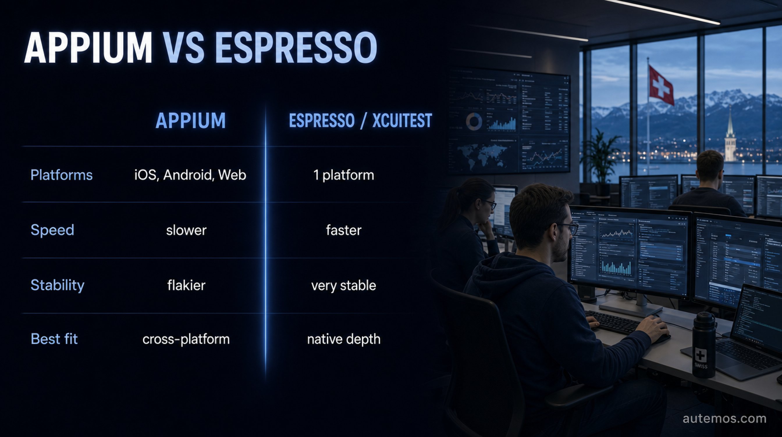 Comparison matrix Appium vs Espresso/XCUITest: platforms, speed, stability and best fit side by side.